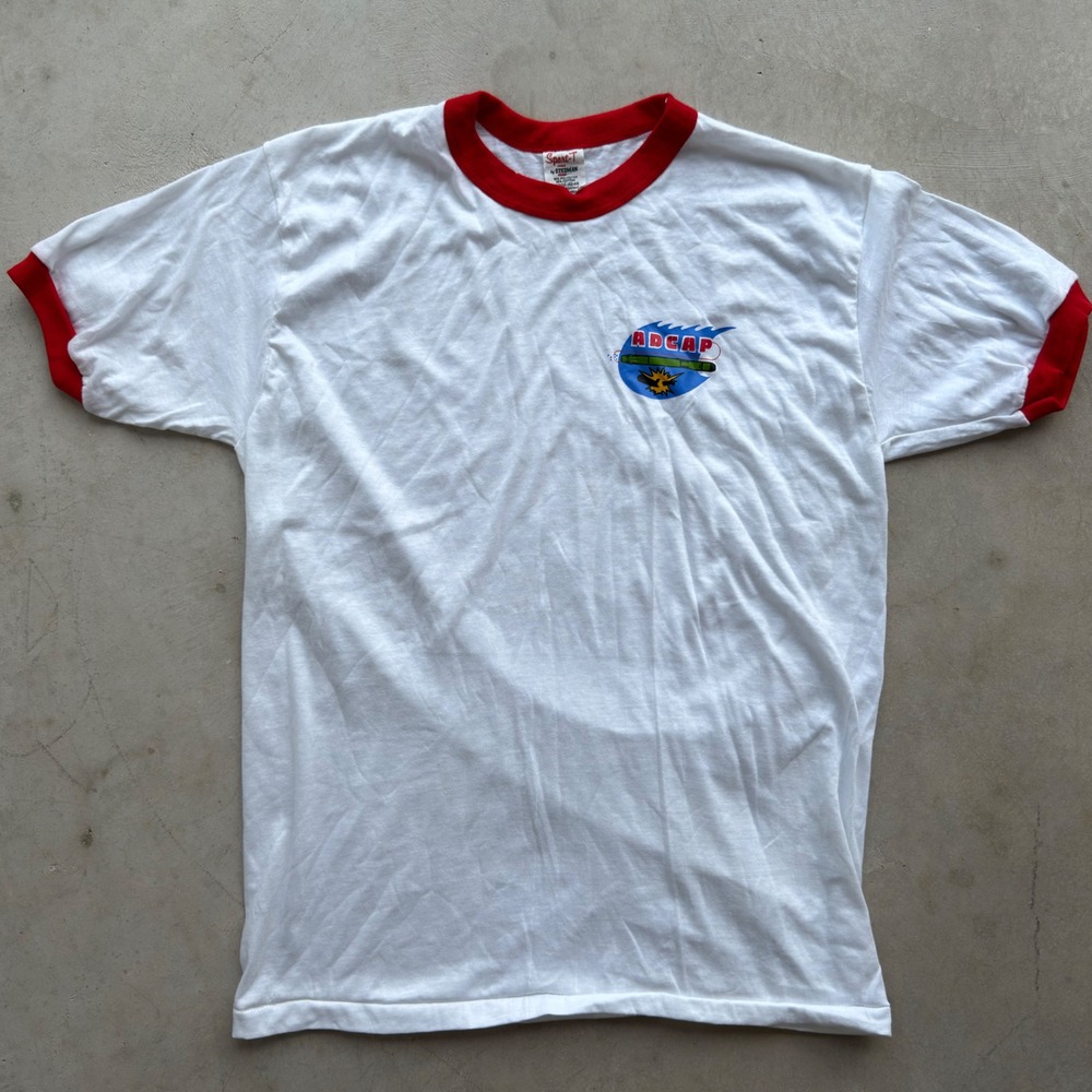 Vintage Stedman ADCAP Torpedo Ringer T-Shirt White Red 80s Single Stitch Large